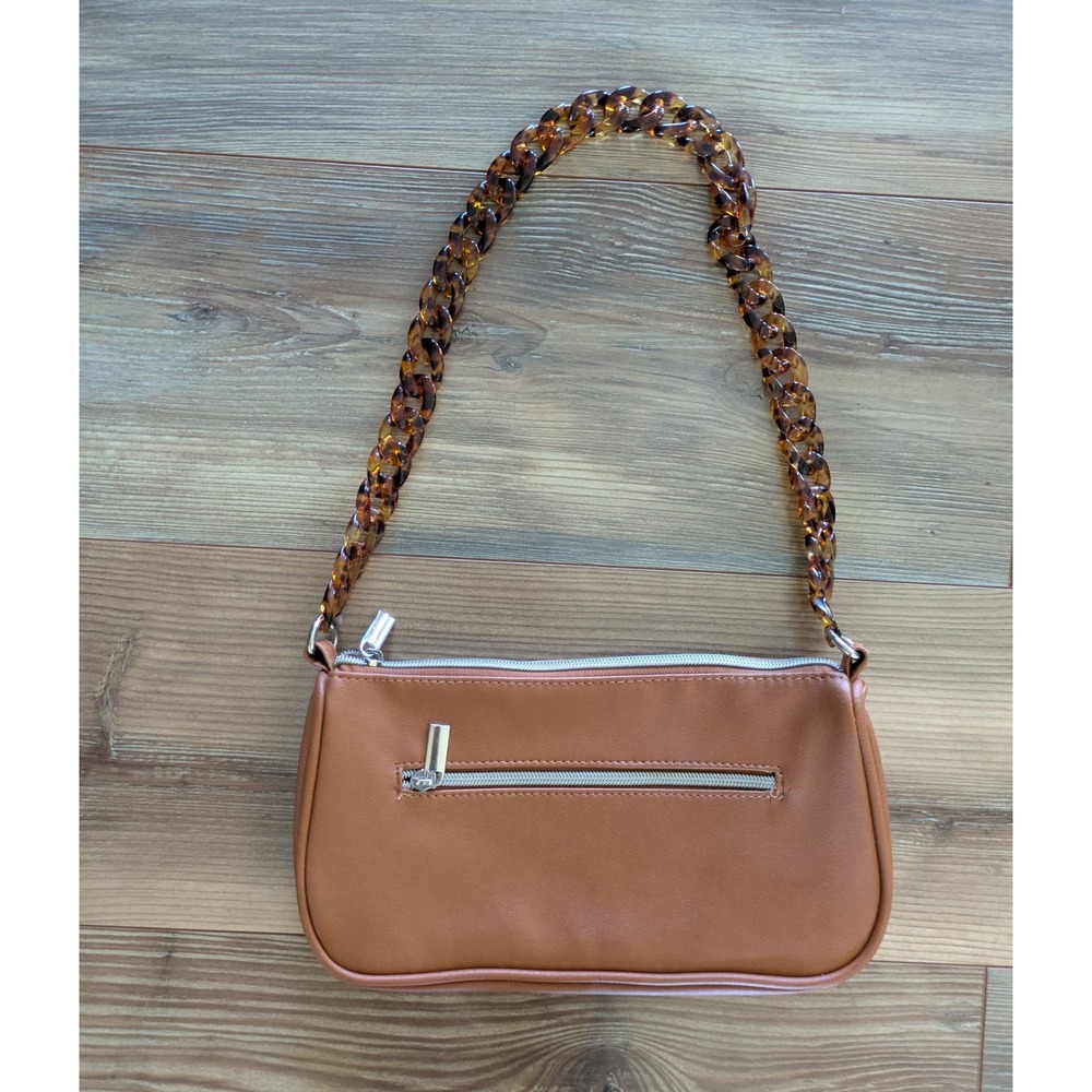 Brown Zip-Top Tortoise-Style Chain Strap Shoulder Bag Purse